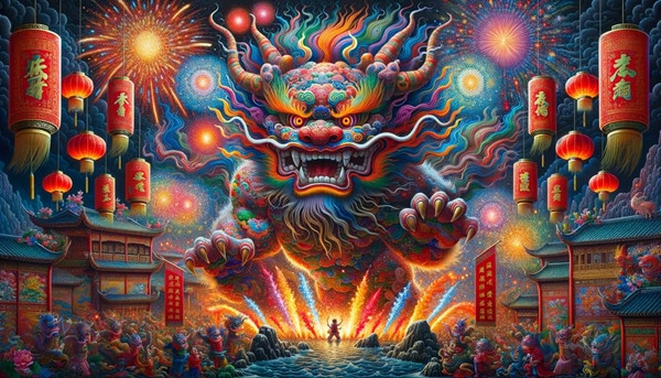 Bất ngờ, ông lão xuất hiện với bộ đồ đỏ thẫm, cất tiếng cười vang dội giữa tiếng pháo nổ đinh tai nhức óc trước cửa. Con quái thú kinh hoàng và bỏ chạy một mạch về hang ổ. Hóa ra, Niên có ba nỗi sợ lớn: màu đỏ, ánh lửa và tiếng ồn.