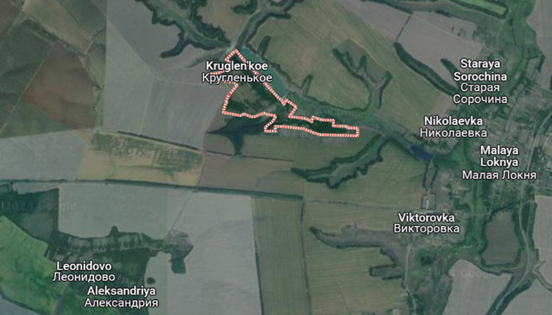Để phá vỡ thế bế tắc tại Kruglenkoye, liên quân Nga đã tổ chức tấn công mạnh mẽ vào Leonidovo từ nhiều hướng. Nếu chiếm được khu vực này, quân Nga có thể sử dụng tuyến đường cao tốc để đe dọa phía sườn của Kruglenkoye, sau đó tiến công trực tiếp vào Viktorovka và cuối cùng là tiến về trung tâm hậu cần phía Bắc, Malaya Loknya. Ảnh: Google Maps.