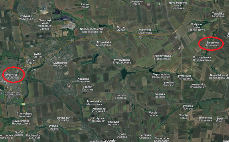 Những bước tiến của Nga quanh làng Baranivka, cách Pokrovsk 15 dặm (24,14 km) về phía đông, không thể che giấu sự đình trệ của lực lượng Nga trên tiền tuyến Avdiivka và Pokrovsk—khu vực vốn đóng vai trò quan trọng trong kế hoạch chiến tranh của Nga suốt hơn một năm qua. Ảnh: Google Maps