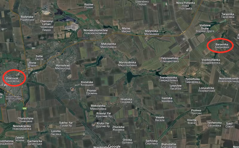 Những bước tiến của Nga quanh làng Baranivka, cách Pokrovsk 15 dặm (24,14 km) về phía đông, không thể che giấu sự đình trệ của lực lượng Nga trên tiền tuyến Avdiivka và Pokrovsk—khu vực vốn đóng vai trò quan trọng trong kế hoạch chiến tranh của Nga suốt hơn một năm qua. Ảnh: Google Maps