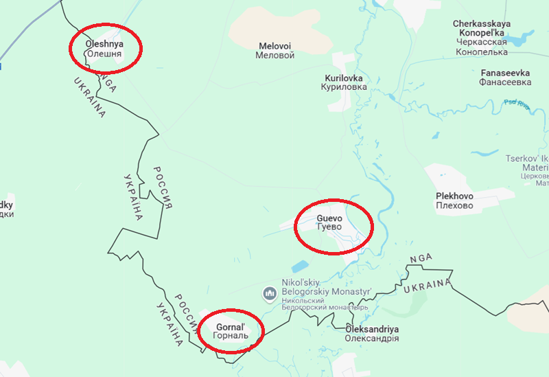 Lực lượng chủ lực của Ukraine đã rút lui dọc theo khu rừng phía nam ngôi làng này. Họ đã bố trí bẫy và thiết lập trận địa trong rừng, vì vậy nếu quân Ukraine phản công vào làng Guevo, nhiều khả năng họ sẽ tấn công từ hướng rừng này. Hiện tại, quân Nga đang từ phía tây bắc Guevo áp sát Gornal, đồng thời tiến về hướng đông nam của Oleshniya. Tại đây đang diễn ra những trận chiến giằng co ác liệt. Ảnh: Google Maps