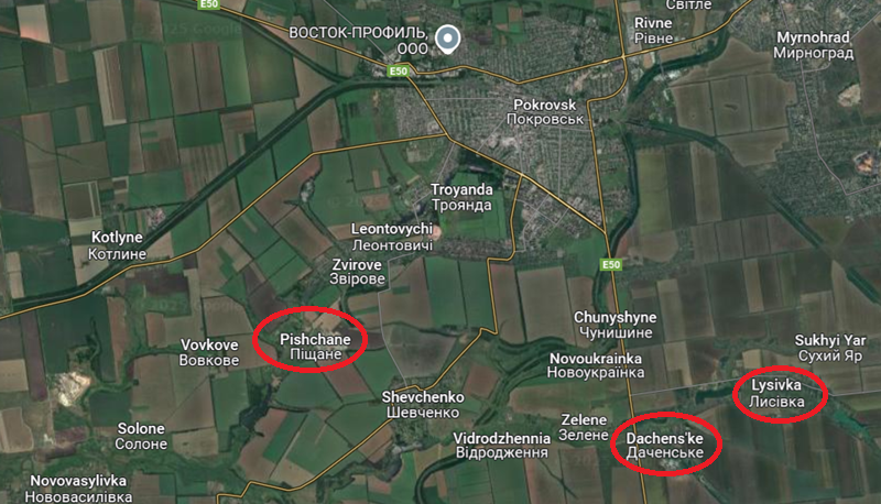 Tất nhiên, sự yên ắng này không phải là hoàn toàn, các cuộc giao tranh vẫn tiếp diễn trên tiền tuyến, chỉ có điều mức độ ác liệt đã giảm đi đáng kể so với trước đó. Trong hai ngày gần đây, chỉ có các trận chiến dữ dội xảy ra tại Pishchane, Dachenske và Lysivka ở phía nam thành phố và tất cả đều do quân Ukraine chủ động tấn công, trong khi các khu vực khác tương đối yên bình. Ảnh: Google Maps