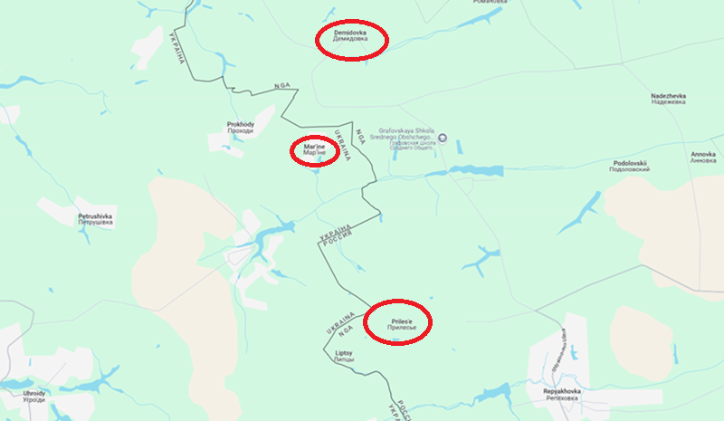 Với sự xuất hiện của viện binh, tình hình Belgorod đã có phần cải thiện, ít nhất là ở khu vực Demidovka. Quân Ukraine đã gặp khó khăn hơn khi căn cứ xuất phát của họ tại Marine cùng các tuyến đường xung quanh bị hỏa lực Nga tập kích dữ dội. Hiện tại, chỉ có Prilese là chưa có chuyển biến, do khu vực biên giới ở đây nằm trong rừng, cho phép quân Ukraine thâm nhập vào Prilese thông qua các tuyến đường rừng. Ảnh: Google Maps