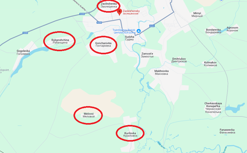 Ở phía nam, Kurilovka và Melovoi đã hoàn toàn rơi vào tay quân đội Nga. Hiện tại, lực lượng Nga đang tiến về tuyến đường phía tây nam, chuẩn bị cắt đứt đường rút lui của quân đội Ukraine ở phía tây Sudzha. Một số tàn quân Ukraine tại Goncharovka, khi bỏ chạy, đã không dám theo đường cao tốc phía tây nam mà chọn chạy về làng Rubanshchina, rồi men theo dải rừng ven sông Oleshniya để rút lui về Sumy. Ảnh: Google Maps