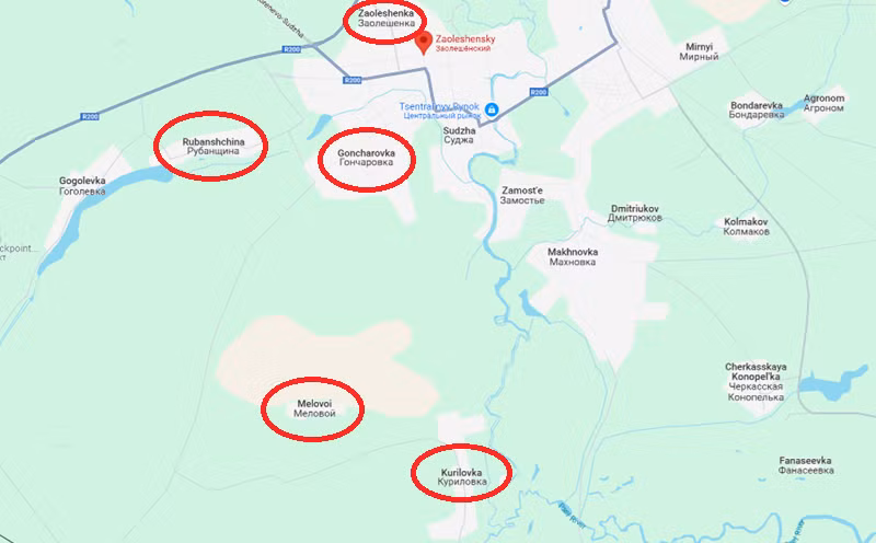 Ở phía nam, Kurilovka và Melovoi đã hoàn toàn rơi vào tay quân đội Nga. Hiện tại, lực lượng Nga đang tiến về tuyến đường phía tây nam, chuẩn bị cắt đứt đường rút lui của quân đội Ukraine ở phía tây Sudzha. Một số tàn quân Ukraine tại Goncharovka, khi bỏ chạy, đã không dám theo đường cao tốc phía tây nam mà chọn chạy về làng Rubanshchina, rồi men theo dải rừng ven sông Oleshniya để rút lui về Sumy. Ảnh: Google Maps
