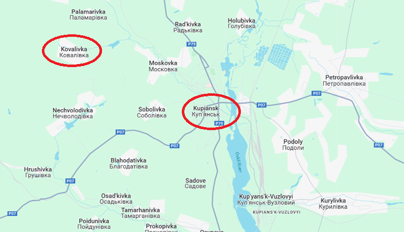 Hiện tại, quân Nga đang dốc toàn lực tấn công Kovalivka — một vị trí được xem là lá chắn quan trọng ở phía bắc Kupyansk. Quân Ukraine cũng cố thủ quyết liệt tại đây, đồng thời điều nhiều toán phá hoại len lỏi ra phía sau chiến tuyến của Nga, đặt chướng ngại vật, đào bẫy, với hy vọng phục kích được các đơn vị hậu cần của đối phương. Ảnh: Google Maps