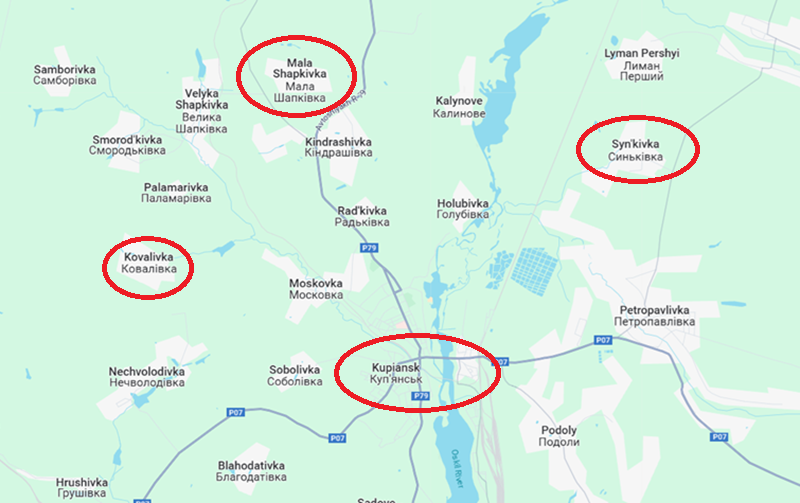 Nhà quan sát Ukraine, Mashovets, cho biết trong 4 ngày qua, quân Nga chỉ tiến được khoảng 1 km vào Kovalivka và hiện đã tràn vào trong làng. Phía Ukraine cũng không ngồi yên, họ đã tổ chức nhiều đợt phản công, chủ yếu tấn công vào sườn trái quân Nga từ phía Mala Shapkivka, và chiến thuật này tỏ ra khá hiệu quả khi kìm hãm được đà tấn công của Nga vào Kovalivka. Ảnh: Google Maps