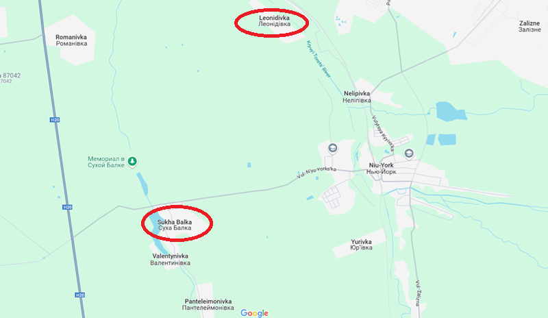 Ở phía tây và tây nam, ngoài việc tiến quân dọc theo các con phố trong thành phố, quân đội Nga còn mở các cuộc tấn công ra bên ngoài, hướng về khu vực Leonidivka và Sukhа Balkа. Tại đây, quân Nga tiến công từ đông sang tây, nhằm san phẳng phần nhô ra phía tây nam. Ảnh: Google Maps 