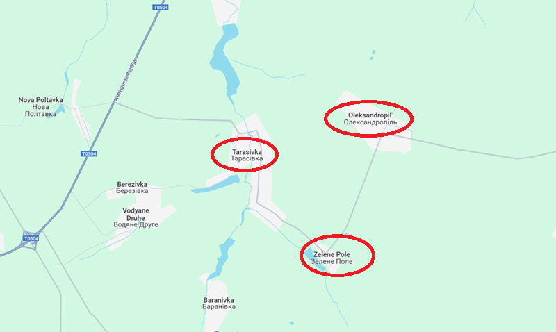 Ở phía tây khu vực nhô ra, Trung đoàn bộ binh cơ giới số 20 và Trung đoàn xe tăng số 68 của Nga đang tiến từ Zelene Pole về phía làng Oleksandropil, trong khi lực lượng của Trung đoàn bộ binh cơ giới số 33 đang tấn công Tarasivka. Một túi vây dài khoảng 16 km đang dần hình thành. Ảnh: Google Maps