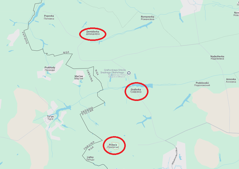 Suốt đêm qua, họ triển khai bộ binh liên tục thâm nhập qua biên giới theo hướng Demidovka. Đến sáng nay, ngôi làng này đã bị bao vây gần một nửa. Tình hình tại các làng Grafovka và Prilese cũng tương tự, cho thấy diễn biến đang trở nên vô cùng nguy cấp. Ảnh: Google Maps