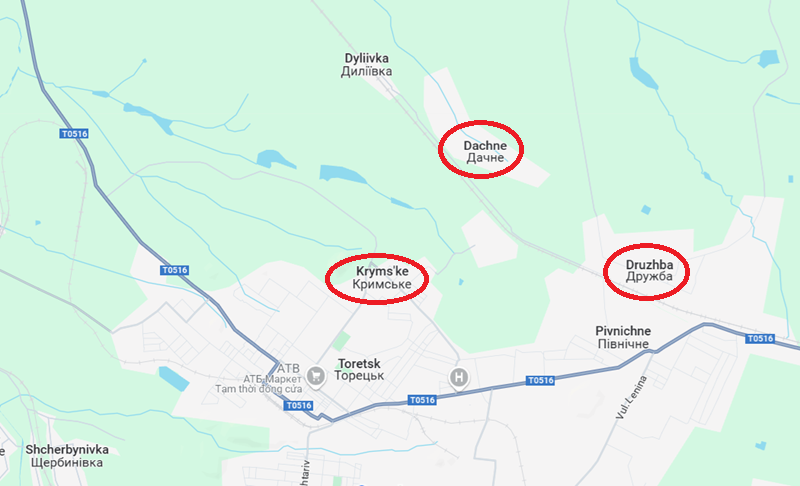 Ở phía bắc thành phố, từ ngày 17/3 đến 18/3, quân Nga đã mở cuộc tấn công dọc theo tuyến từ phía bắc thành phố đến Krymske, Dachne và Druzhba. Trong đó, Krymske đã hoàn toàn bị quân Nga chiếm lại, sau đó họ tiếp tục tấn công và kiểm soát các mỏ khai thác cũng như khu công nghiệp lân cận. Đồng thời, lực lượng Nga ở phía bắc thành phố cũng tiến quân ra ngoài, hợp nhất với các đơn vị tại khu công nghiệp. Ảnh: Google Maps