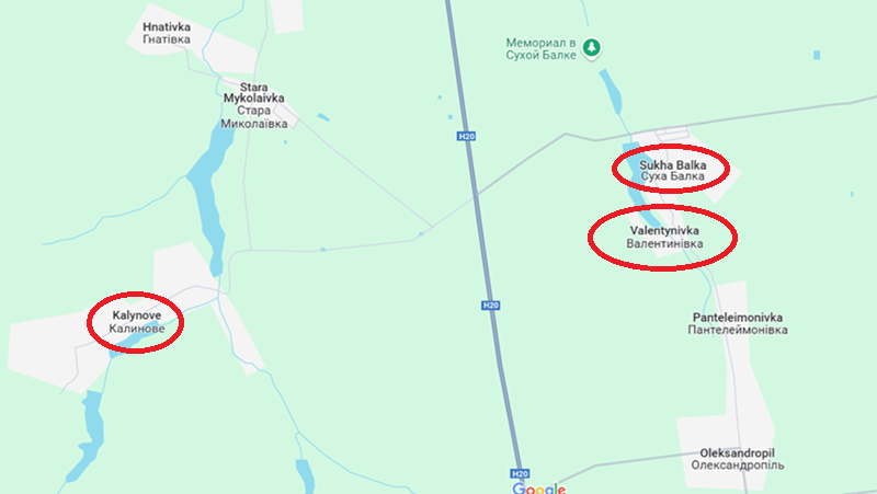 Tại làng Valentynivka, quân Nga chỉ trong một ngày đã đánh bật lực lượng chủ lực của Ukraine, mũi tiên phong còn chiếm được ngôi làng chiến lược Sukha Balka. Hiện nay, giao tranh khốc liệt đang diễn ra từng ngõ ngách trong làng, trong khi quân Nga đã cắt đứt tới 90% tuyến tiếp tế hậu cần của đối phương tại đây. Ảnh: Google Maps