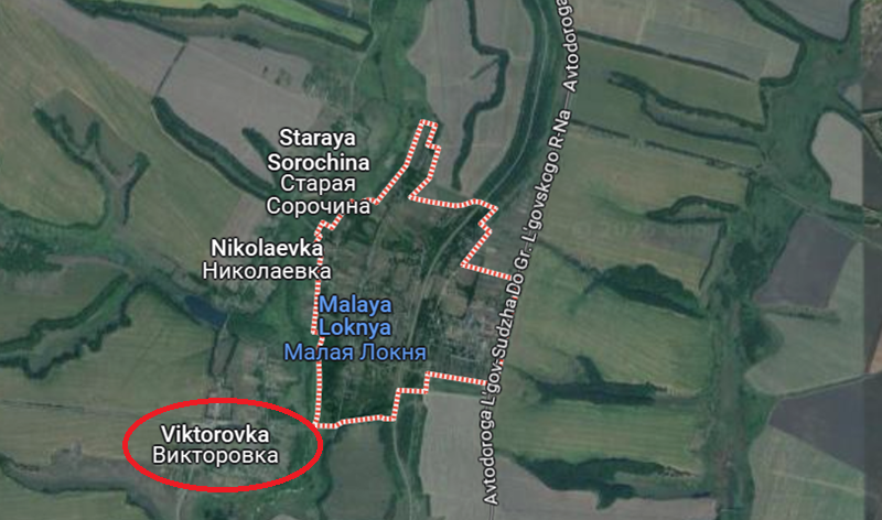 Trên bản đồ, Viktorovka tương đương với tuyến hậu phương của quân đội Ukraine ở phía bắc, đóng vai trò như lá chắn phía tây nam cho trung tâm hậu cần phía bắc của Ukraine tại Malaya Loknya, đồng thời cũng là lá chắn phía tây duy nhất cho tuyến hậu cần của quân đội Ukraine ở miền bắc. Ảnh: Google Maps