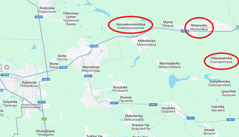 Tuy nhiên, vào ngày ngày 12/4, quân Nga bất ngờ tăng cường lực lượng vượt sông. Theo quan sát viên Yuriy Podolyaka ngày 13/4, quân Nga đã chiếm được làng Yelyzavetivka, và mục tiêu tiếp theo là làng Malynivka. Ảnh: Google Maps 