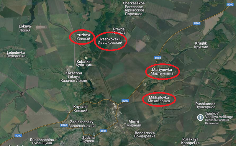 Đồng thời, quân Nga cũng thực hiện thế gọng kìm tấn công trang trại Ivashkovkii, bao vây toàn bộ lực lượng Ukraine dọc tuyến Ivashkovskii - Martinovka. Trong đó, Martinovka đã bị quân Nga chiếm giữ, khiến tàn quân Ukraine tại đây cùng với tàn quân từ Mikhailovka buộc phải rút chạy về Ivashkovskii. Tuy nhiên, họ chỉ đơn giản là rời khỏi một vòng vây để rơi vào một vòng vây khác. Ảnh: Google Maps