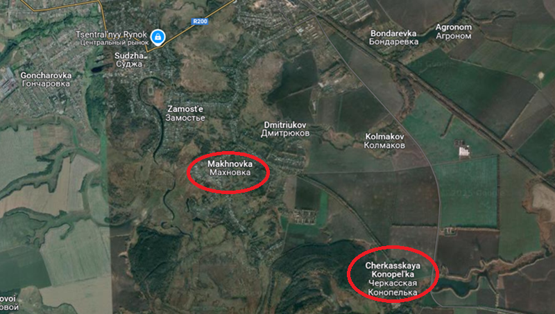 Vào ngày 12/2, một số đơn vị của quân Ukraine đã cố gắng đột phá vòng vây của Nga từ Makhnovka để tiến đến tiếp viện Cherkasskaya Konopelka, nhưng đã bị máy bay không người lái của Nga tiêu diệt. Ảnh: Google Maps