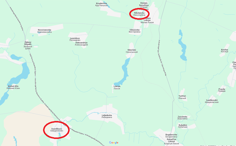 Ở phía tây bắc Sudzha, quân đội Nga đã mở một cuộc tấn công mạnh mẽ dọc theo một chiến tuyến rộng 17 km, từ Nikolaevka đến Sverdlikovo, sau đó xuống phía nam Alexandrovka, tiếp tục đến nông trại Nikolski và cuối cùng là Viktorovka. Ảnh: Google Maps