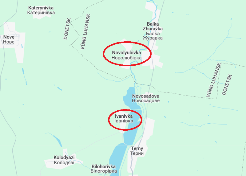 Theo các bình luận quân sự từ truyền thông Nga, từ vài tuần trước, khi quân đội Nga chiếm được hai ngôi làng Ivanivka và Novolyubivka, các chỉ huy Ukraine tại khu vực này đã liên tục kêu gọi bộ chỉ huy cấp cao gửi thêm viện binh. Ảnh: Google Maps