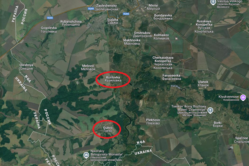 Phía Nga nghi ngờ rằng các tàn quân Ukraine khi rút lui khỏi Kursk đã không chạy dọc theo hai bên đường cao tốc H7 để đến Sumy, mà thay vào đó, họ đã lẩn trốn trong khu rừng phía tây Kurilovka và làng Guevo. Hiện tại, quân Nga đã bắt đầu dồn hỏa lực về khu vực này nhằm ngăn chặn bất kỳ cuộc phản công nào của Ukraine. Ảnh: Google Maps