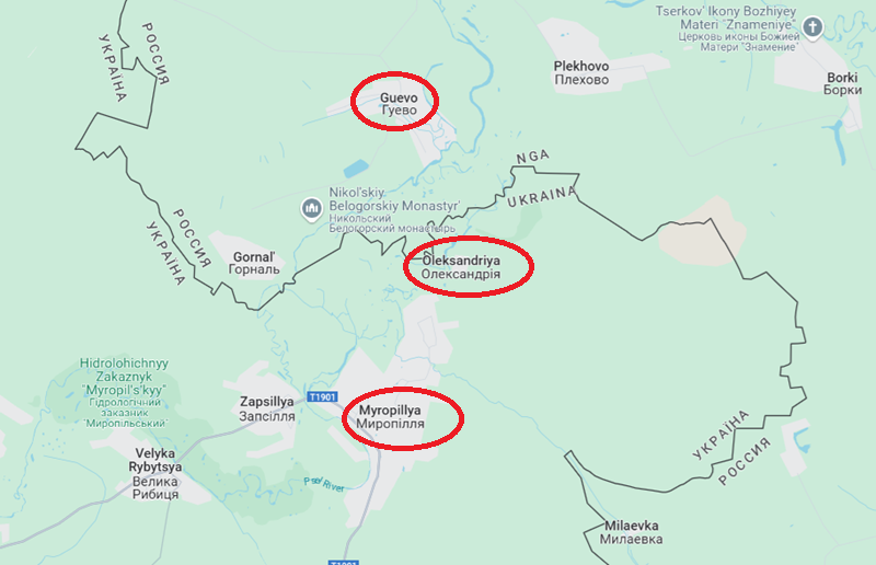 Một nhóm viện binh khác của Ukraine đã đến thị trấn Myropillya, nhằm ngăn chặn đà tiến công của quân Nga. Hiện tại, quân Nga đang tấn công khu vực Oleksandriya ở phía đông bắc thị trấn. Máy bay không người lái và pháo binh Nga đã bắt đầu dội hỏa lực xuống Myropillya, trong đó mục tiêu đầu tiên là cây cầu bắc qua sông Psel. Ảnh: Google Maps