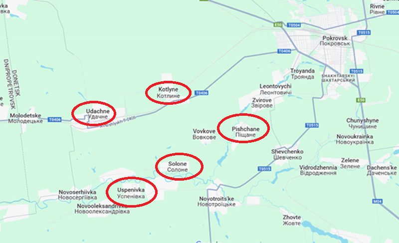 Tính đến ngày 15/3, quân Nga đã nối lại đợt tấn công dọc theo sông Solone, giành lại được trận địa ở phía nam Udachne và suýt nữa đã đẩy quân Ukraine ra khỏi ngôi làng này. Ảnh: Google Maps