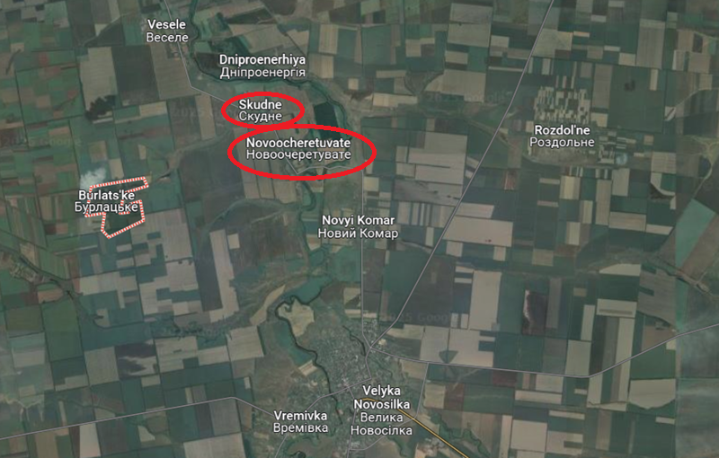 Lữ đoàn xe tăng số 5 của Nga đã khai thác khu vực khô cạn của sông Mokri Yaly để tiến công, chiếm giữ làng Novoocheretuvate. Hiện tại, quân Nga đang tiếp tục tiến về phía làng Skudne lân cận. Ảnh: Google Maps