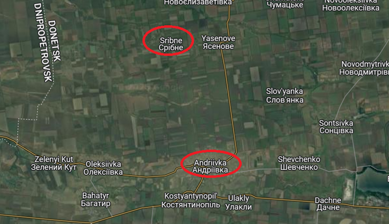 Ở Andriivka, quân Nga vẫn chưa mở cuộc tấn công từ phía bắc vào Kostyantynopil mà tiếp tục tập trung binh lực tiến công về phía bắc. Dựa trên hướng tiến quân, có thể thấy Nga đang tìm cách san bằng chiến tuyến giữa khu vực này với Sribne, nhằm nhanh chóng kết nối mặt trận phía tây Kurakhove với Pokrovsk và Velyka Novosilka. Ảnh: Google Maps