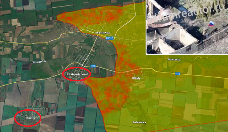 Ngoài ra, quân Nga cũng đang mở cuộc tấn công dữ dội vào Kostyantynopil. Hai bên đã giao tranh tại đây khoảng một tuần, và Nga lên kế hoạch bao vây khu định cư lớn này. Tuy nhiên, do cánh sườn của Nga bị lực lượng Ukraine tại Rozlyv kìm hãm, nên kế hoạch bao vây vẫn chưa thành công. Ảnh: X