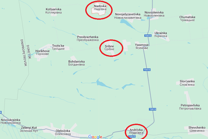 Thay vào đó, Nga đẩy mạnh hướng tấn công về Dnipropetrovsk, cụ thể là từ Nadiivka qua Andriivka đến tuyến Velyka Novosilka, tìm kiếm điểm đột phá nhằm phá vỡ thế giằng co trên tiền tuyến. Ngoài ra, hướng Toretsk cũng là một trong những trọng điểm tấn công của quân Nga. Ảnh: Google Maps