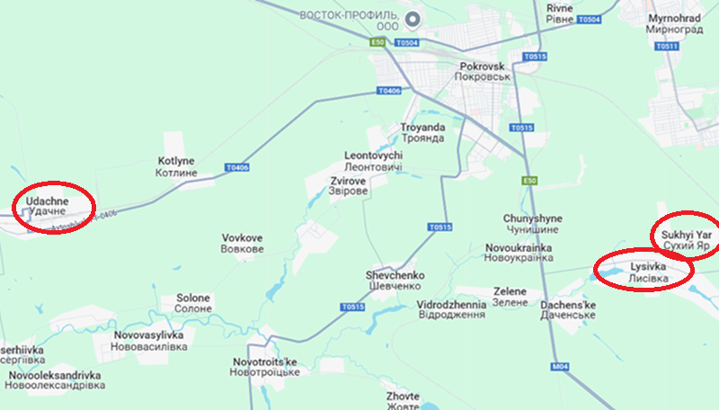 Ngoài ra, tại Udachne cũng đang diễn ra các cuộc giao tranh, tuy nhiên chủ yếu dưới hình thức pháo kích giữa hai bên. Cùng lúc đó, quân đội Ukraine cũng phát động phản công tại Lysivka và Sukhyi Yar ở khu vực đông nam. Tuy nhiên, tình hình tại hai ngôi làng này vẫn chưa rõ ràng. Ảnh: Google Maps
