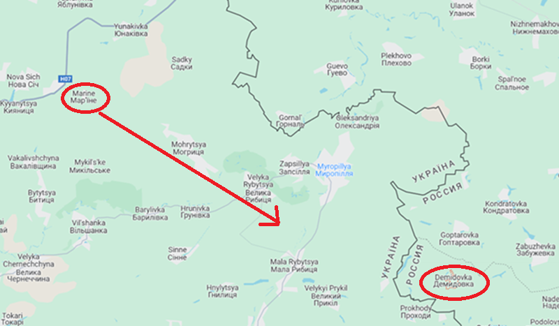 Quân đội Ukraine xuất phát từ làng Marine thuộc tỉnh Sumy, dưới sự yểm trợ của lực lượng thiết giáp, đã sử dụng xe công binh để phá hủy các chướng ngại vật do quân Nga dựng lên tại biên giới. Ảnh: Google Maps