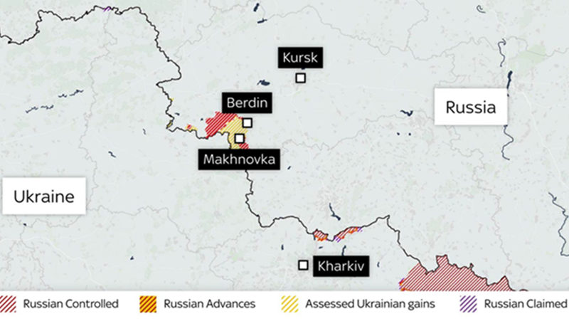Cần lưu ý rằng làng Berdin chỉ có 27 ngôi nhà, nằm trong lưu vực sông Sudzha, cách thành phố Kursk 71 km về phía tây nam và cách làng Bolshoye Soldatskoye khoảng 7 km về phía tây. Vào ngày 5/1, các trận chiến đã bắt đầu diễn ra tại khu vực ngôi làng này. Ảnh: Sky News.