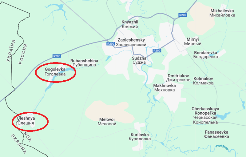 Sau đó, quân Nga tiếp tục tấn công trực tiếp vào trạm kiểm soát, khiến khu vực này trở thành chiến trường giao tranh ác liệt. Nếu giành được trạm Sudzha và kiểm soát tuyến đường dọc theo đó, quân Ukraine ở Gogolevka sẽ buộc phải rút lui để tránh bị bao vây từ phía sau. Đồng thời, lực lượng Ukraine tại Oleshniya cũng sẽ bị tấn công từ ba phía, tạo điều kiện thuận lợi để Nga nhanh chóng chiếm giữ khu vực này. Ảnh: Google Maps