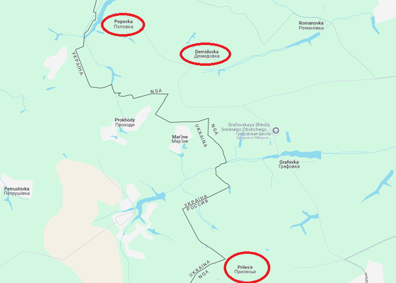 Đồng thời, quân đội Ukraine cũng mở cuộc tấn công quy mô lớn vào làng Popovka lân cận, với một lực lượng đông đảo áp sát ngôi làng từ ba hướng. Theo Viện Nghiên cứu Chiến tranh Mỹ (ISW), Ukraine triển khai chiến thuật tấn công bằng xe địa hình, sử dụng các nhóm bộ binh nhỏ với sự yểm trợ của xe bọc thép. Ảnh: Google Maps