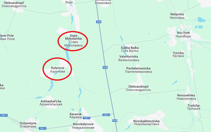 Nếu không giữ được vị trí này, quân Nga sẽ dễ dàng chiếm được làng Kalynove, rồi tiếp tục tiến về phía Stara Mykolaivka và tuyến đường cao tốc H20 — điều này chắc chắn là một tin cực kỳ bất lợi cho phía Ukraine. Ảnh: Google Maps