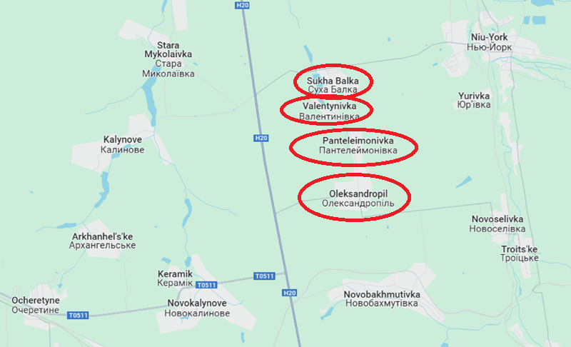 Trung đoàn 68 của Nga từ phía tây làng Oleksandropil đã theo hướng quốc lộ H20 tiến về phía bắc, liên tục xuyên thủng nhiều lớp phòng tuyến của Ukraine, đánh thẳng đến khu vực tây nam làng Valentynivka. Lực lượng tiên phong của Nga thậm chí đã bắt đầu tấn công vào phòng tuyến số 2 của Ukraine. Ảnh: Google Maps