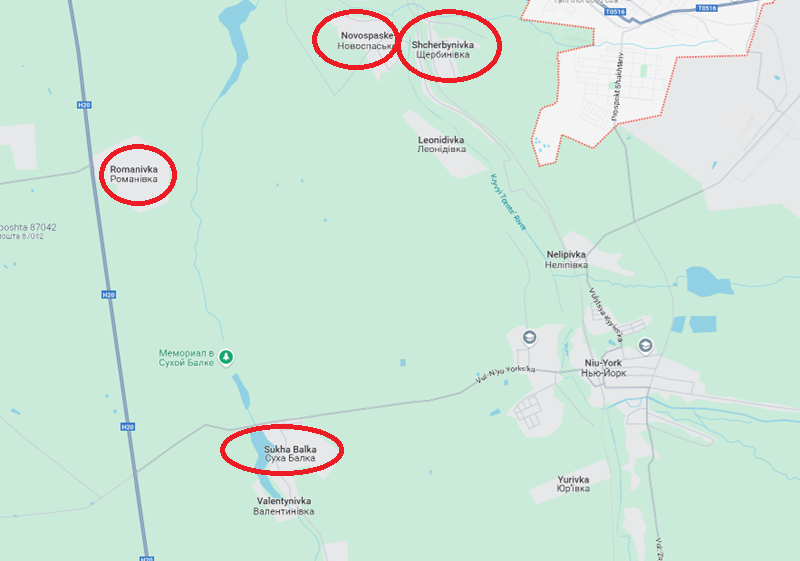 Một khi mất Sukha Balka, quân Nga sẽ có thể dọc theo nhánh sông phụ của sông Toretsk tiến hành tấn công quy mô lớn về phía Novospaske, đồng thời đánh vòng từ phía sau vào Shcherbynivka. Đến lúc đó, sườn phía tây của Toretsk sẽ được đảm bảo an toàn, và quân Nga có thể chuyển trọng tâm tấn công lên phía bắc Toretsk, tiến thẳng về hướng Konstantinivka. Ảnh: Google Maps
