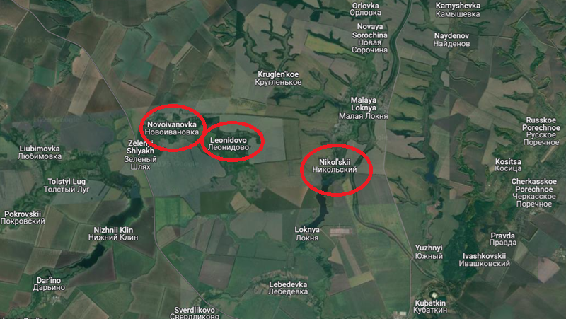 Đồng thời, tại nông trại Nikolsky ở phía bắc, một trận chiến khốc liệt kéo dài suốt 16 giờ đã diễn ra. Theo hãng thông tấn Ukraine, vào tối ngày 13/2, quân Nga đã bí mật điều động lực lượng Triều Tiên đến khu vực rừng giữa Novoivanovka và Leonidovo. Sau đó, vào nửa đêm, tức rạng sáng ngày 14/2, lực lượng Triều Tiên sử dụng xe bọc thép để di chuyển lén lút qua rừng, tận dụng địa hình để tiến lên. Ảnh: Google Maps