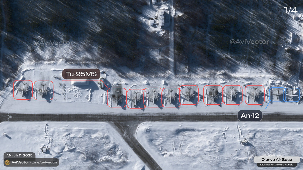 Mới đây trên mạng xã hội X, lan truyền những hình ảnh vệ tinh của căn cứ không quân Olenya tính đến 08:15 ngày 11/3/2025, cho thấy 10 máy bay ném bom Tu-95MS, cùng với 35 máy bay ném bom Tu-22M3. Ngoài ra, còn có thêm 5 máy bay vận tải An-12, 3 máy bay huấn luyện Tu-134UBL và 4 trực thăng Mi-8. Ảnh X