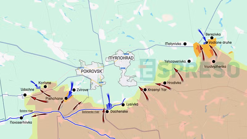 Việc tái chiếm ngôi làng này giúp quân đội Nga củng cố quyền kiểm soát đối với tuyến đường H-32 từ Pokrovsk đến Konstantinovka. Hiện tại, quân Nga đã bắt đầu tấn công vào làng Berezivka lân cận. Nếu chiếm được khu vực này, Nga sẽ có thể kiểm soát vững chắc tuyến đường H-32. Ảnh: Espreso.tv