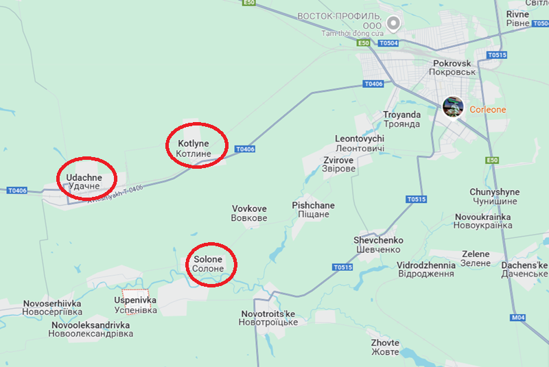 Đồng thời, quân đội Ukraine cũng tiến công dọc theo bờ bắc sông Solone, phía bắc ngôi làng, theo hướng đông, đe dọa các khu vực hậu phương của Novovasylivka và làng Solone. Tại Udachne và Kotlyne, Ukraine đã nối lại các cuộc tấn công quy mô lớn, trong khi quân đội Nga vẫn đang cố gắng trụ vững. Ảnh: Google Maps