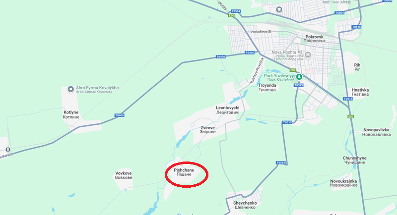 Tại Pishchane lân cận, có thông tin cho rằng cuộc tấn công của quân đội Ukraine đã bị Nga đẩy lùi, nhưng cũng có nguồn tin khác nói rằng Ukraine đã chiếm được phần lớn ngôi làng này. Mặc dù thông tin còn mâu thuẫn, nhưng nơi đây đang diễn ra giao tranh ác liệt. Ảnh: Google Maps