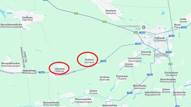 Hiện tại, quân đội Nga đã cắt đứt đường cao tốc T04-06, tuyến hậu cầu chính của Pokrovsk và bắt đầu tấn công các làng Udachne và Kotlyne dọc theo tuyến đường này. Trong đó, Udachne đã bị quân Nga tiến vào và hiện đang diễn ra giao tranh trong khu vực. Hai ngôi làng này có ý nghĩa quan trọng đối với an ninh phía tây của Pokrovsk và nếu bị mất, quân Nga sẽ có thể bao vây thành phố từ phía tây. Ảnh: Google Maps