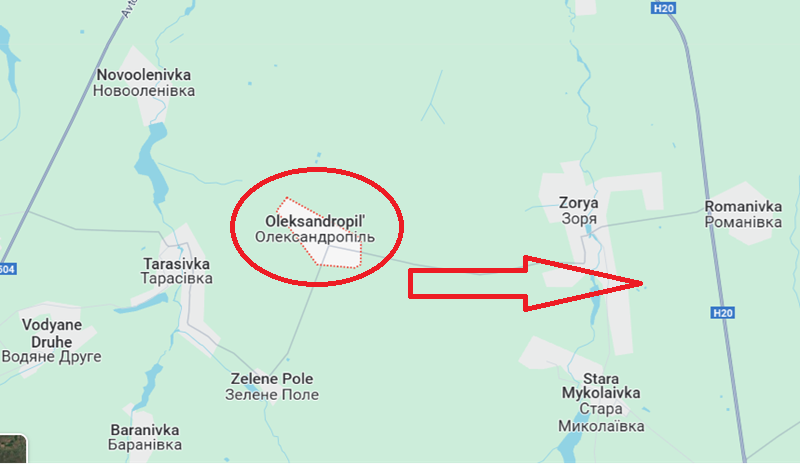 Một mối đe dọa bao vây mới cũng có thể được hình thành vòng tròn bên trong. Lực lượng Nga chiếm được làng Oleksandropil không chỉ tiếp tục tiến lên phía bắc mà còn tiến về phía đường cao tốc H20. Tuyến đường này là tuyến hậu cần và đường rút lui quan trọng nhất của quân đội Ukraine trong toàn bộ khu vực nhô ra, đảm nhận hơn 90% hoạt động hậu cần. Ảnh: Google Maps