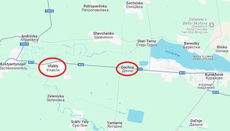 Vào ngày 16, lực lượng Nga tại Dachne đã tấn công về phía đông Ulakly dọc theo tuyến đường H-15, phá vỡ phòng tuyến của quân Ukraine giữa hai làng này. Do tuyến đường rút lui cũng bị quân Nga cắt đứt, quân Ukraine không còn tâm trí để chiến đấu, dẫn đến một cuộc tháo chạy quy mô lớn. Rõ ràng, trận chiến ở đây không còn gì phải nghi ngờ nữa. Ảnh: Google Maps