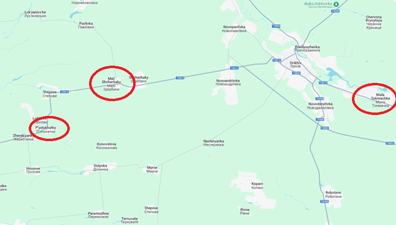 Theo Viện Nghiên cứu Chiến tranh Hoa Kỳ (ISW), vào ngày 17/4, Tập đoàn quân số 58 của Nga đã phát động một cuộc tấn công thiết giáp với mặt trận rộng tới 40 km ở hướng thành phố Orikhiv, tỉnh Zaporizhzhia. Cuộc tấn công trải dài từ Piatykhatky đến Mala Tokmachka qua Mali Shcherbaky. Ảnh: Google Maps