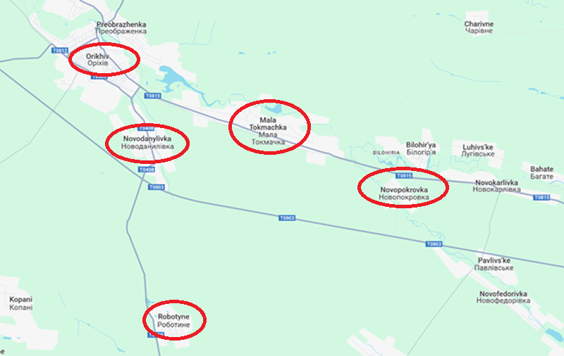 Dù vậy, quân Nga vẫn tiến lên được hơn 3 km, và bộ binh tạm thời chiếm giữ được khu vực phía nam làng Mala Tokmachka. Hiện tại, quân Ukraine đã bắt đầu phản kích, tình hình chiến sự cụ thể vẫn chưa rõ. Ở hướng phụ, Nga mở đợt tấn công từ Robotyne về phía Novodanilivka, chủ yếu để thu hút và ghìm chân lực lượng Ukraine, nhằm ngăn họ tiếp viện cho Mala Tokmachka. Ảnh: Google Maps