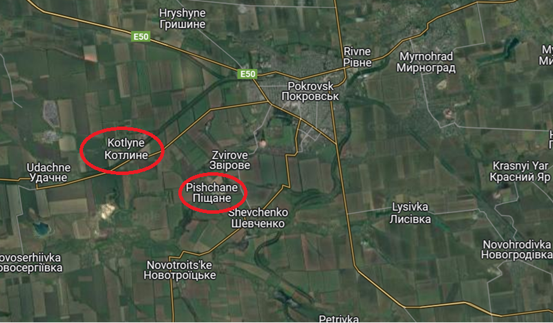 Tuy nhiên, điều này có thể gây tổn thất cho lực lượng Nga tại Kotlyne, bởi Ukraine cũng đang phản công vào khu vực này. Pishchane vốn đóng vai trò yểm trợ cho Kotlyne, nhưng hiện tại nơi này đang gặp nguy hiểm, buộc Nga phải điều quân để phòng thủ và phản công ở đây, khiến lực lượng tiếp viện cho Kotlyne bị phân tán. Ảnh: Google Maps