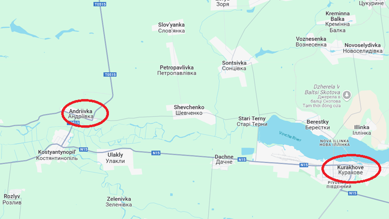 Ở hướng Kurakhove, phía nam, Lữ đoàn 114 của Nga đã phát động một cuộc tổng tấn công vào Andriivka vào ngày 11/2 và đạt được bước tiến đáng kể. Sau khi chiếm được trung tâm ngôi làng, quân Nga tiếp tục tiến 800 mét về phía tây dọc theo trục đường chính. Đồng thời, họ cũng tiến 1,3 km về phía tây theo tuyến đường ở cực bắc của ngôi làng. Ảnh: Google Maps