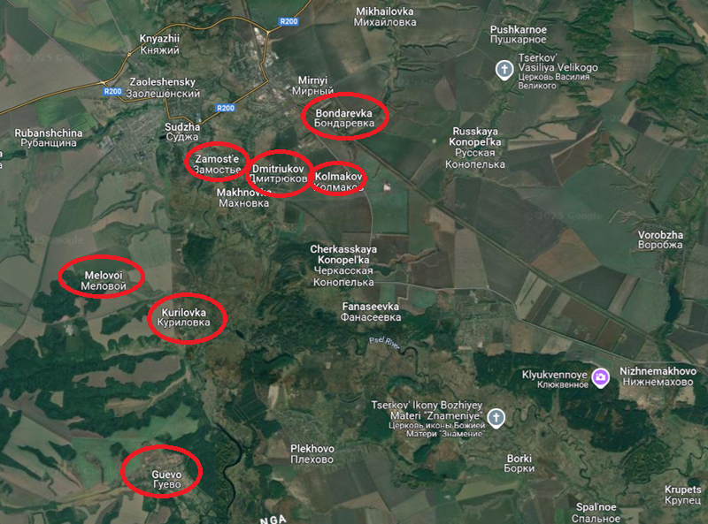 Ở khu vực đông nam, quân đội Nga đã chiếm được trang trại Kolmakov, Bondarevka và trang trại Dmitriukov. Hiện tại, họ đang tấn công dữ dội vào Zamoste, tiếp tục áp sát Sudzha. Ở phía nam, quân đội Nga đang tiến từ Kurilovka về hướng Melovoi và làng Guevo. Tuy nhiên, tại hướng này, họ vấp phải sự kháng cự quyết liệt từ quân đội Ukraine. Ảnh: Google Maps